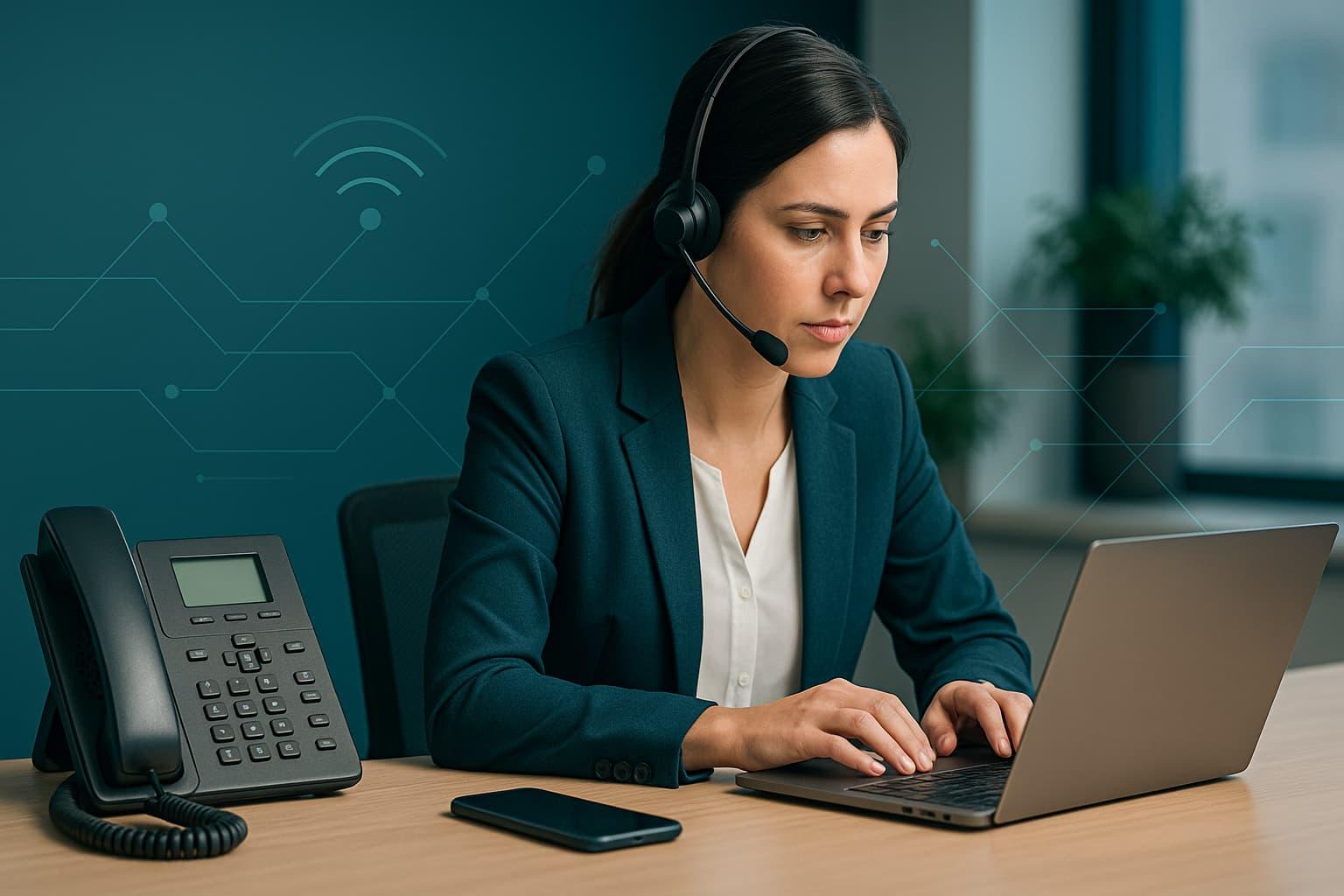 Business communication setup showing various phone options